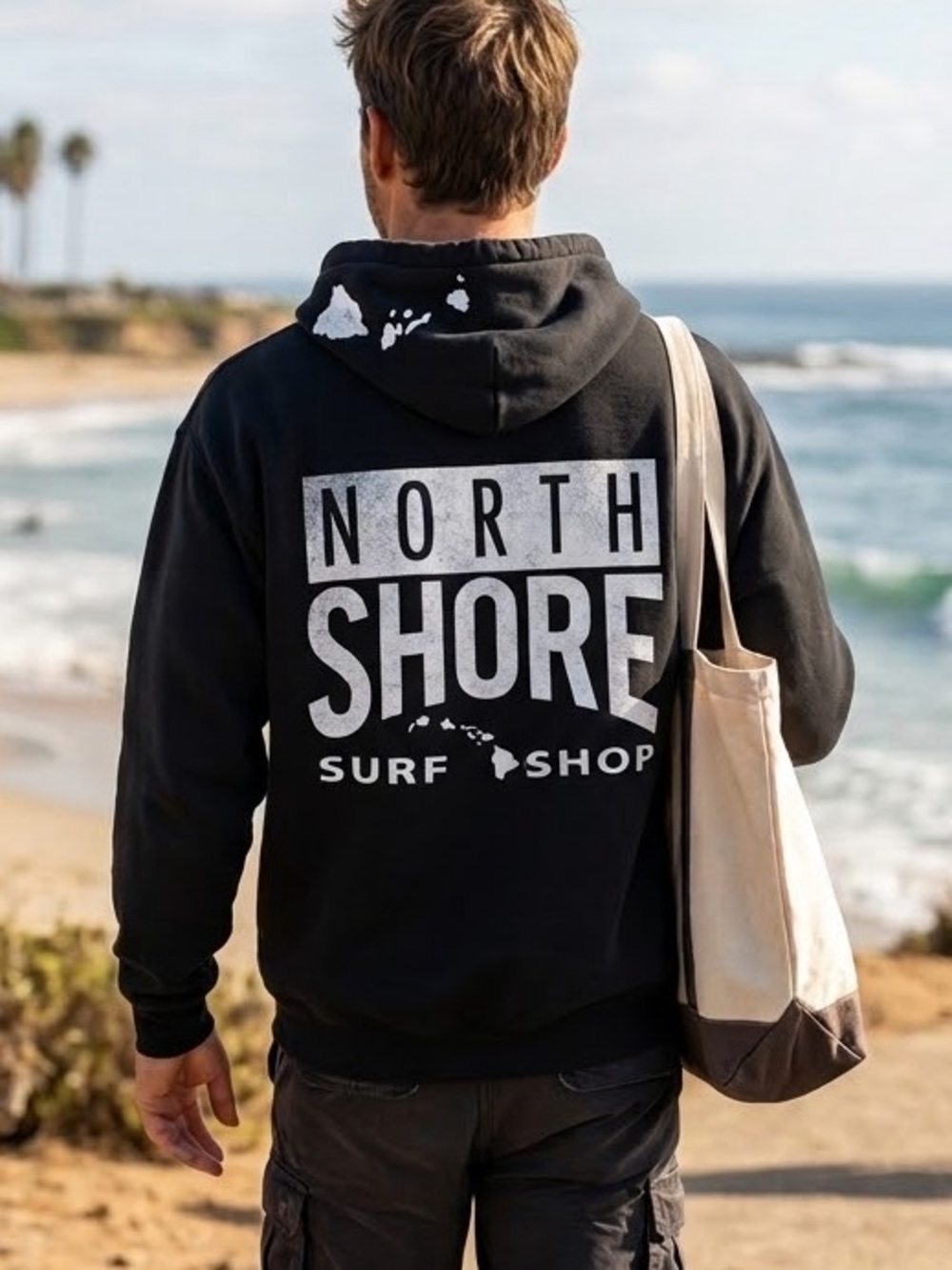 North Shore Hawaii Black Graphic Pullover Hoodie Sweatshirt Size Large
